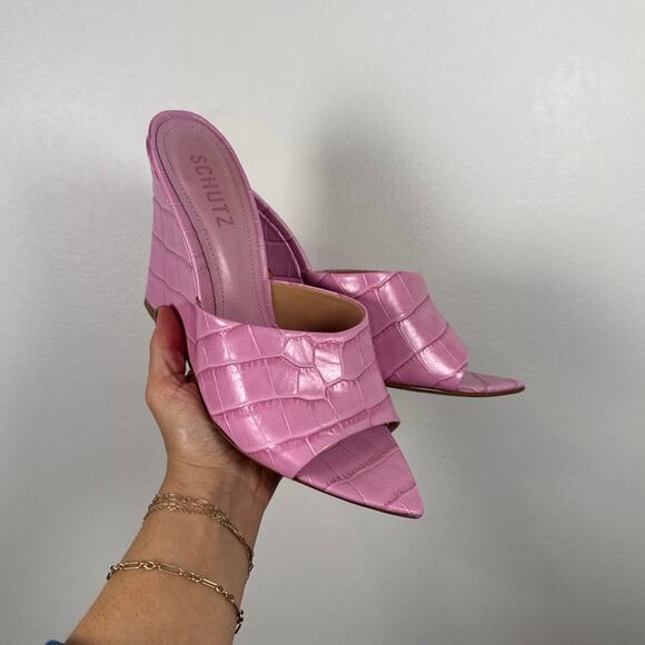 SCHUTZ Shoes - SCHUTZ Lucimara Croc Embossed Wedge Slide Sandals in Barbie Pink, 8.5
